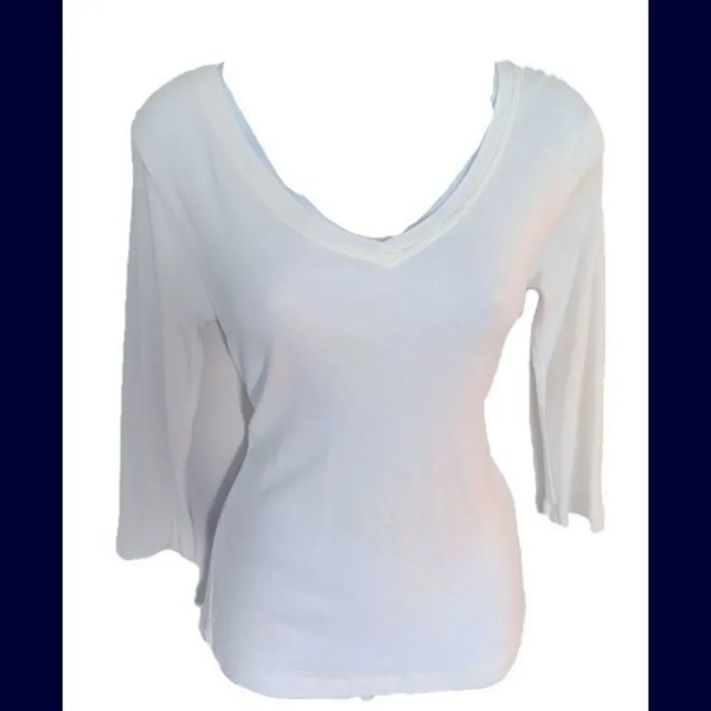 Joan Vass V-Neck Quarter Sleeve Top - M white , pima cotton /modal, like new